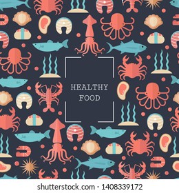 Seafood seamless background with various marine animals. Food sign for menu and market. Blue background.