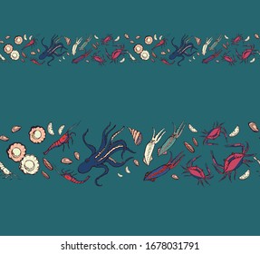 Seafood seamless border. Hand drawn vector illustration. It can be used to design menus, packaging, recipes, labels, fish market. The concept of eco food, healthy eating. Vector isolated illustration.