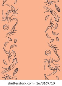 Seafood seamless border. Hand drawn vector illustration. It can be used to design menus, packaging, recipes, labels, fish market. The concept of eco food, healthy eating. Vector isolated illustration.
