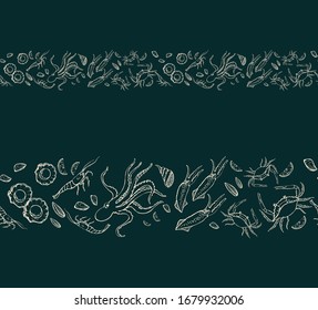Frontera sin fisuras de marisco. Ilustración vectorial dibujada a mano. Se puede utilizar para diseñar menús, embalajes, recetas, etiquetas, mercado de pescado. El concepto de comida ecológica, comida saludable. Ilustración aislada del vector.