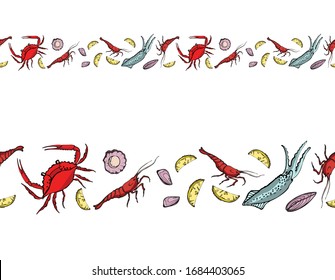 Seafood seamless border. Hand drawn vector illustration. It can be used to design menus, packaging, recipes, labels, fish market. The concept of eco food, healthy eating. Vector isolated illustration.
