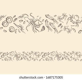 Seafood seamless border. Hand drawn vector illustration. It can be used to design menus, packaging, recipes, labels, fish market. The concept of eco food, healthy eating. Vector isolated illustration.