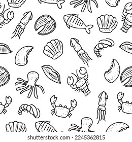 Patrón de doodle sin fisuras de pescado de color blanco y negro. Conjunto de ilustraciones de doodles de mariscos