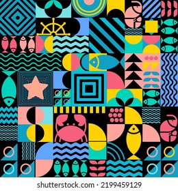 Seafood seamless pattern in Bauhaus style. Geometric poster with abstract geometry Bauhaus swiss. Fish, crab, shrimp, caviar in futuristic minimal shapes, forms