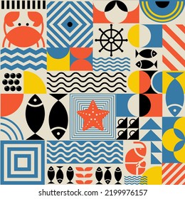 Seafood seamless pattern in Bauhaus style. Geometric poster with abstract geometry Bauhaus swiss. Fish, crab, shrimp, caviar in futuristic minimal shapes, forms