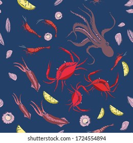 Seafood seamless pattern. It can be used as a background for design, packaging, recipes, labels, fish market. The concept of eco food, healthy eating. Vector flat cartoon illustration.