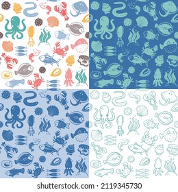 Seafood seamless pattern collection. Fish, seaweed and shellfish. Food ingredients for cooking illustration. Colorful, monochrome silhouettes and doodle style. Vector illustration.