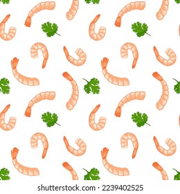 Seafood seamless pattern. Cooked shrimp vector background