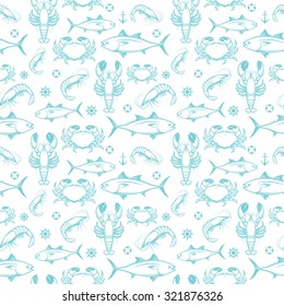 Seafood Seamless Pattern with crab, shrimp, lobster, tuna, salmon. Template for web, print industry, brand advertising, original packaging. 