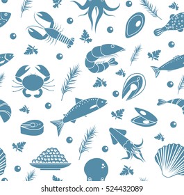 Seafood seamless pattern. Fish food endless background, texture. Underwater, sea life backdrop. Vector illustration