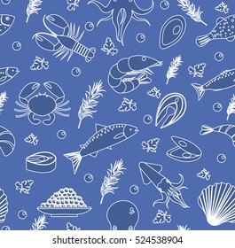 Seafood seamless pattern. Fish food endless background, texture. Hand drawing, sketch, line, doodle style. Vector illustration