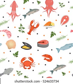 Seafood seamless pattern. Fish food endless background, texture. Underwater, sea life backdrop. Vector illustration