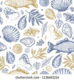 Seafood seamless pattern.  Fish, seashell, leaf, shrimp. Engraved vintage sea set. Vector illustration