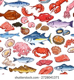 Meeresfrüchte nahtloses Muster mit Fisch, Garnelen, Hummer, Krabbe, Tintenfisch, Muscheln, Lachs, Kaviar und Schalentieren, mediterranes Premium-Essensset, Elemente der Gourmetküche, Cartoon, Vektorgrafik