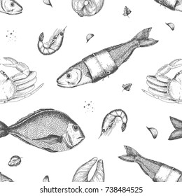 Seafood seamless pattern. Fish, shrimp, crab vector illustration. Engraved style image. Hand drawn design.