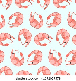 Seafood seamless pattern with flat cartoon colorful shrimps on blue background. Cute asian or scandinavian sea food texture for textile, wrapping paper, package, cover, surface