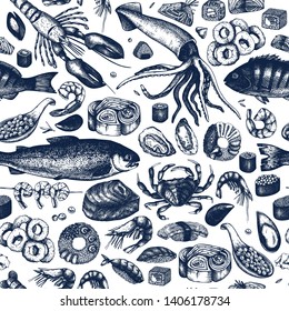 Seafood seamless pattern. With fresh fish, lobster, crab, oyster, mussel, squid ring, caviar, sushi, shrimps sketches. Vintage sea food background. Vector menu template for restaurant or festival .