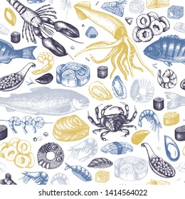 Seafood seamless pattern. With fresh fish, lobster, crab, oyster, mussel, squid ring, caviar, sushi, shrimps sketches. Vintage sea food background. Vector menu template for restaurant or festival .