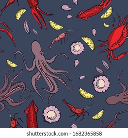 Seafood seamless pattern. Hand drawn . It can be used as a background for  design, packaging, recipes, labels, fish market. The concept of eco food, healthy eating. Vector doodle illustration.