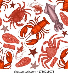 Seafood seamless pattern. Hand drawn vector seafood illustration. Engraved style food banner. Vintage sea animals background