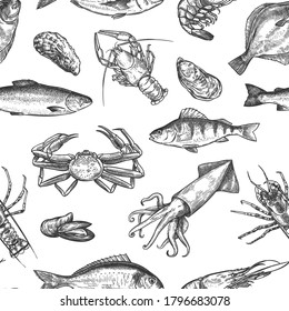 Seafood seamless pattern. Hand drawn lobster, crab, oyster and mussel, squid, shrimps and fishes sketch marine life print vector texture. Food and fishing sport concept. Design for cafe or restaurant