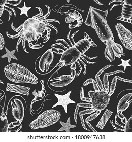 Seafood seamless pattern. Hand drawn vector seafood illustration. Engraved style food banner. Retro sea animals background