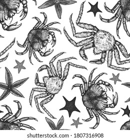Seafood seamless pattern. Hand drawn vector seafood illustration. Engraved style food banner. Vintage sea animals background