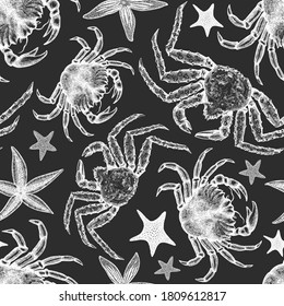Seafood seamless pattern. Hand drawn vector seafood illustration on chalk board. Vintage food banner. Retro sea animals background