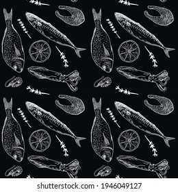 Seafood-Muster nahtlos. Handgezeichnete Vektorgrafik von Meeresfrüchten. Stilbanner für Lebensmittel. Retro-Seefischerei, Hintergrund