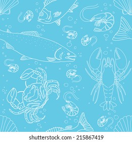 Seafood seamless pattern. Hand drawn vector illustration.