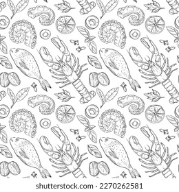 Seafood seamless pattern, hand drawn sketch