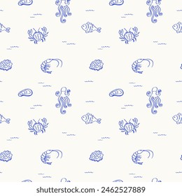 Seafood seamless pattern hand drawn vector illustration. Repeating background with fish, oysters, mussels, crab, lobsters, marine motif. Decorative blue ornament