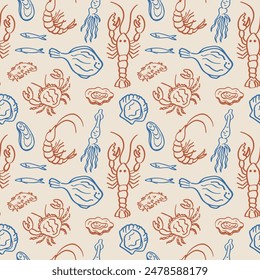 Seafood seamless pattern hand drawn vector illustration. Repeating background with fish, oysters, mussels, crab, lobsters, clams, mussels, sardines, marine motif. Decorative ornament 