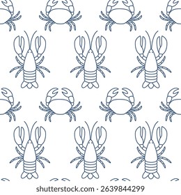 Seafood seamless pattern. Hand drawn blue outline lobster and crab. Doodle drawing for banner, flyer, menu design, fabric. Vector illustration