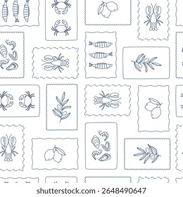 Padrão sem emenda de frutos do mar. Lagosta azul desenhada à mão, caranguejo, peixe, ostras e camarões. Desenho de doodle para banner, folheto, design de menu, tecido. Ilustração vetorial