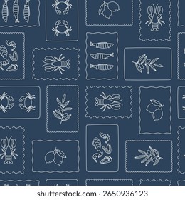 Padrão sem emenda de frutos do mar. Lagosta, caranguejo, peixe, ostras e camarões desenhados à mão sobre fundo azul. Desenho de doodle para banner, folheto, design de menu, tecido. Ilustração vetorial