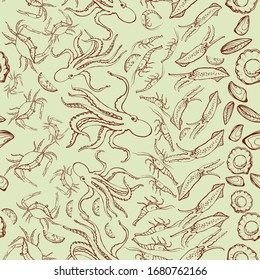 Seafood seamless pattern. Hand-drawn. It can be used as a background for design, packaging, recipes, labels, fish market. The concept of eco food, healthy eating. Vector doodle illustration.