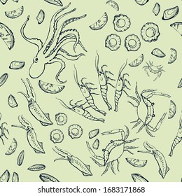 Seafood seamless pattern. Hand-drawn. It can be used as a background for design, packaging, recipes, labels, fish market. The concept of eco food, healthy eating. Vector doodle illustration.
