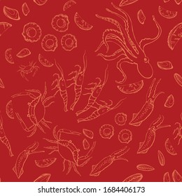 Seafood seamless pattern. Hand-drawn. It can be used as a background for design, packaging, recipes, labels, fish market. The concept of eco food, healthy eating. Vector doodle illustration.