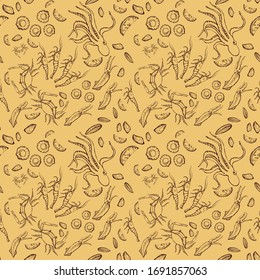 Seafood seamless pattern. Hand-drawn. It can be used as a background for design, packaging, recipes, labels, fish market. The concept of eco food, healthy eating. Vector doodle illustration.