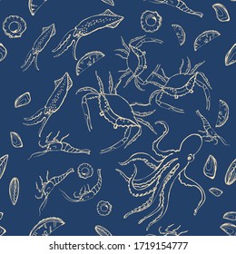 Seafood seamless pattern. Hand-drawn. It can be used as a background for design, packaging, recipes, labels, fish market. The concept of eco food, healthy eating. Vector doodle illustration.