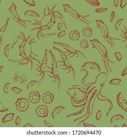 Seafood seamless pattern. Hand-drawn. It can be used as a background for design, packaging, recipes, labels, fish market. The concept of eco food, healthy eating. Vector doodle illustration.