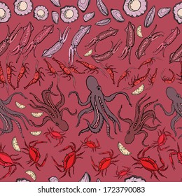 Seafood seamless pattern. Hand-drawn. It can be used as a background for design, packaging, recipes, labels, fish market. The concept of eco food, healthy eating. Vector doodle illustration.