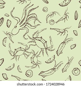 Patrón inoxidable de marisco. Dibujado a mano. Se puede utilizar como fondo para el diseño, embalaje, recetas, etiquetas, mercado de pescado. El concepto de comida ecológica, comida saludable. Ilustración del doodle vectorial.