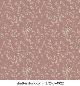 Seafood seamless pattern. Hand-drawn. It can be used as a background for design, packaging, recipes, labels, fish market. The concept of eco food, healthy eating. Vector doodle illustration.