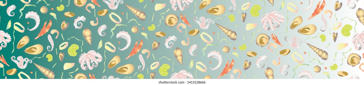 Seafood seamless pattern.  Including mussels, squids, octopus, crab mites, shells hand drawing