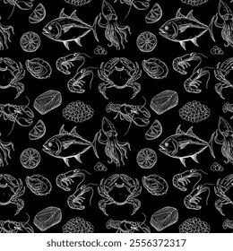 Seafood, seamless pattern. Linear chalk black and white vector pattern