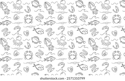 seafood seamless pattern with mussel, fish salmon and shrimp. Lobster, squid, scallop and tuna for product market or seafood restaurant