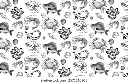 seafood seamless pattern with mussel, fish salmon and shrimp. Lobster, squid, scallop and tuna for product market or seafood restaurant