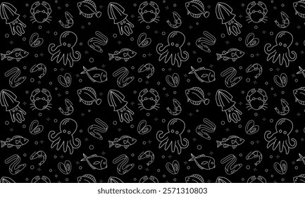 seafood seamless pattern with mussel, fish salmon and shrimp. Lobster, squid, scallop and tuna for product market or seafood restaurant